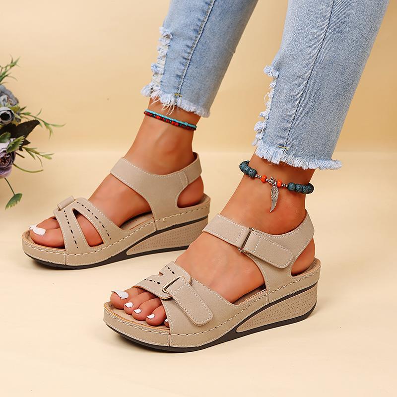 Open Toe Adjustable Strap Wedge Sandals - Beige