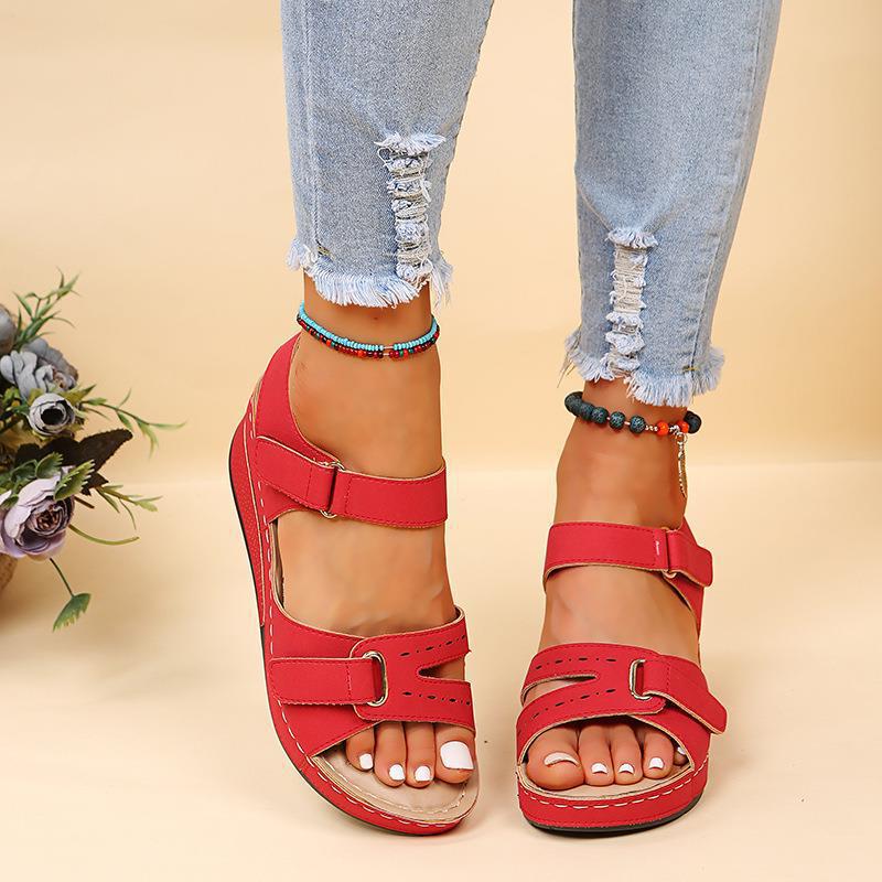 Open Toe Adjustable Strap Wedge Sandals - Red