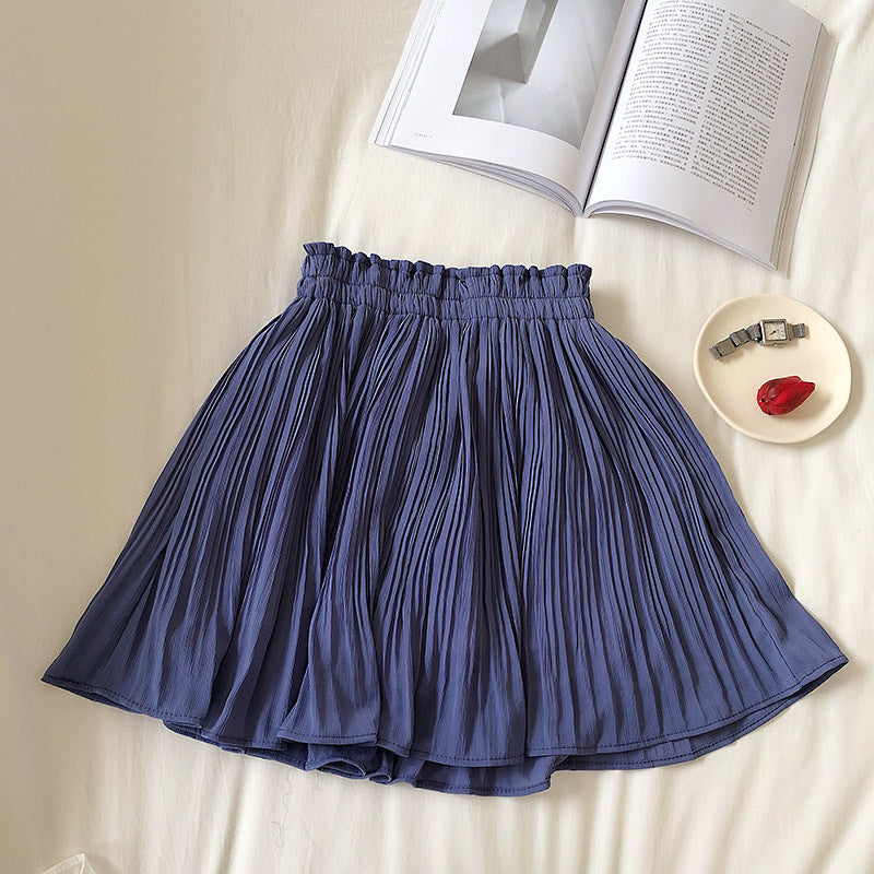 High Waist Pleated Mini Skirt With Shorts - blue