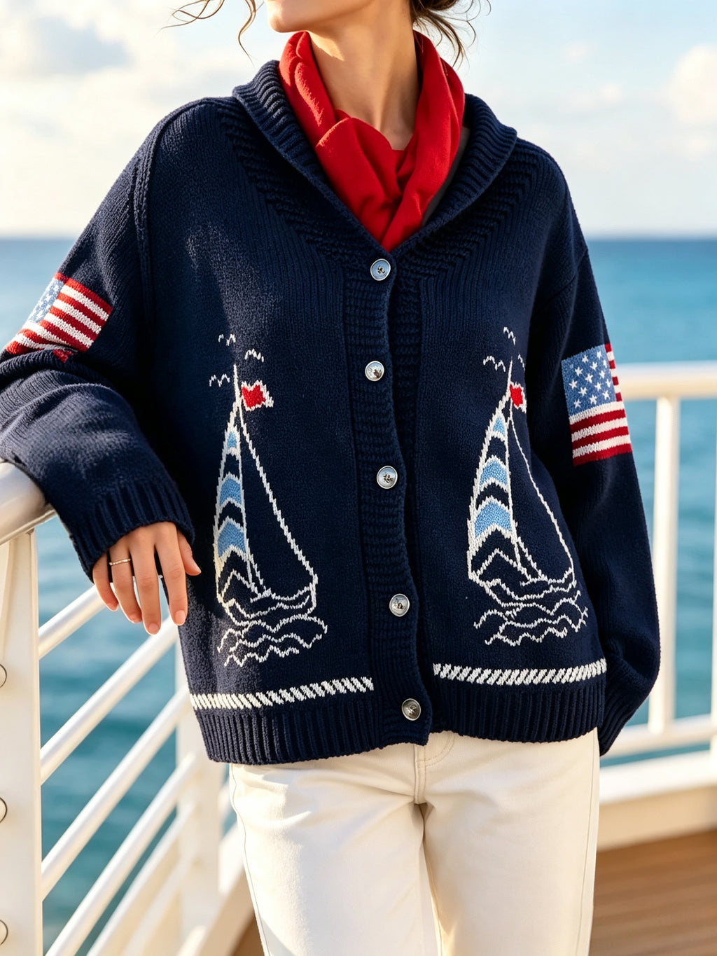 Sailboat Graphic Shawl Collar Knit Cardigan - Navy