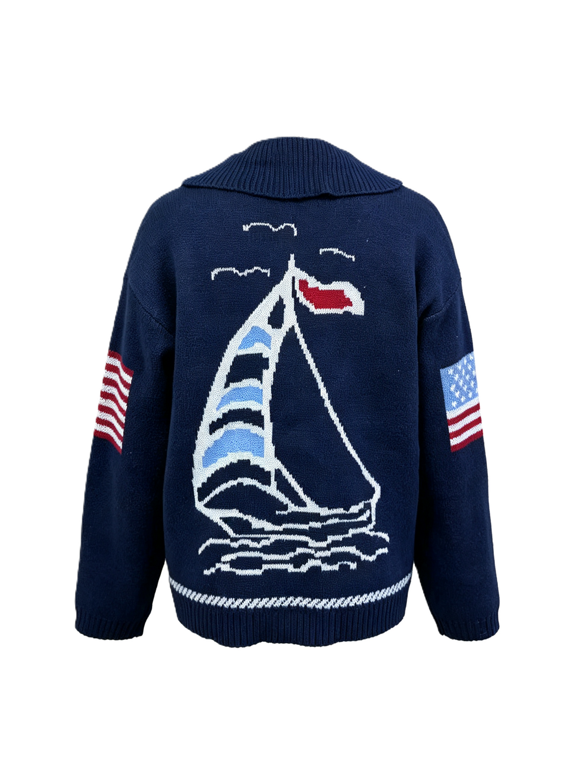 Sailboat Graphic Shawl Collar Knit Cardigan - Navy - 2