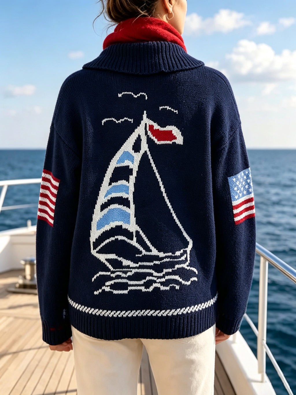 Sailboat Graphic Shawl Collar Knit Cardigan - Navy - 3