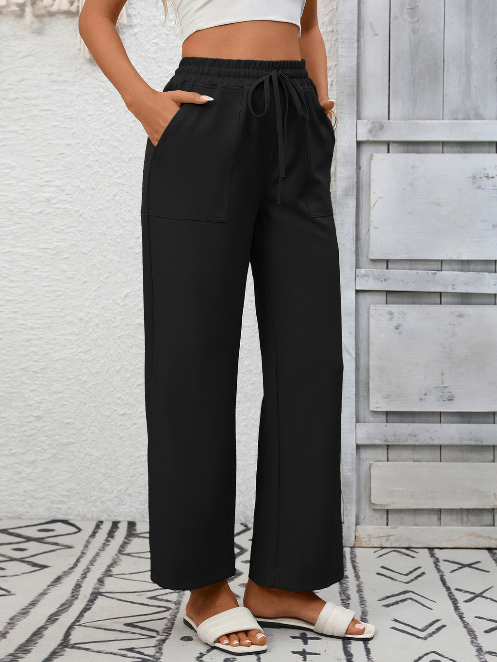 High Waist Patch Pocket Wide Leg Pants - Black