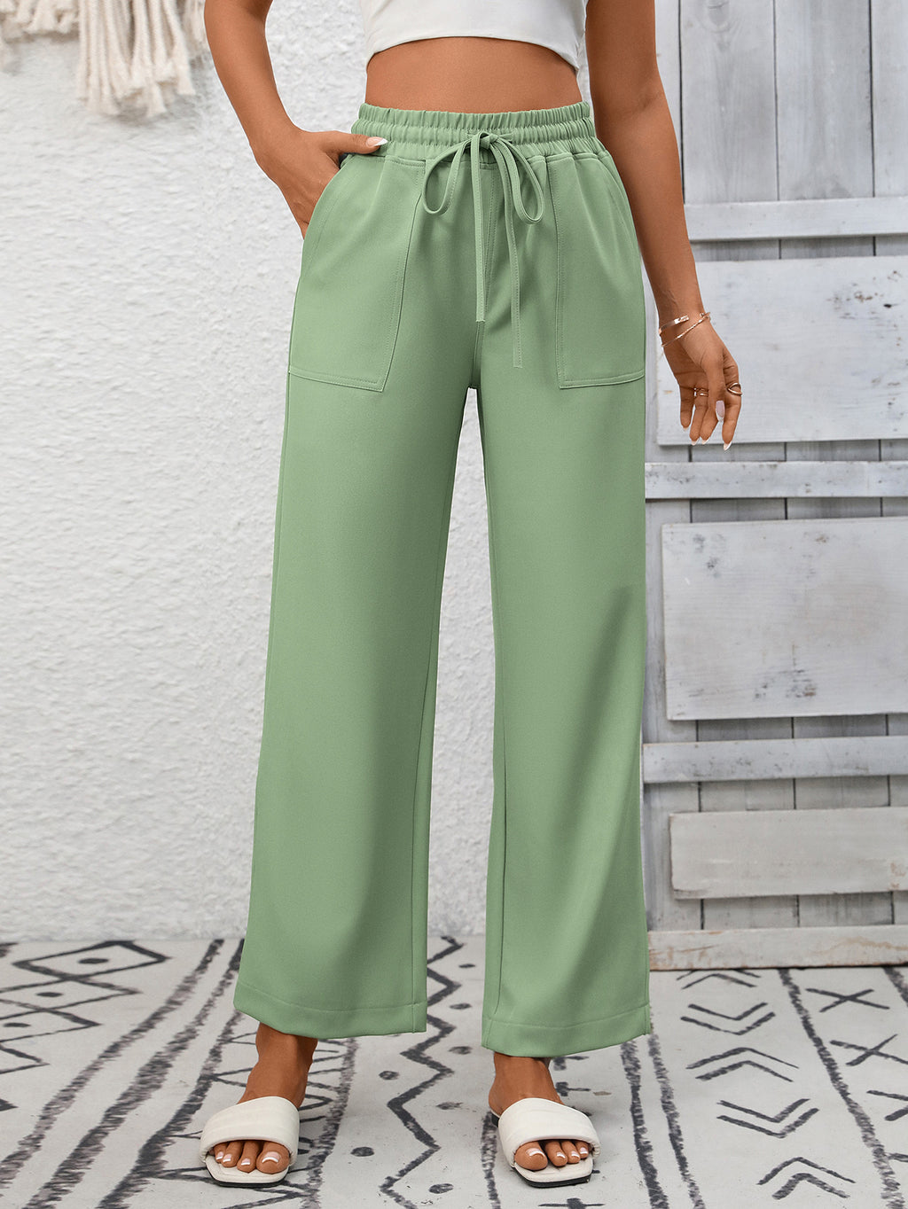 High Waist Patch Pocket Wide Leg Pants - Green