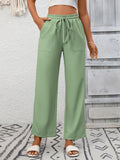 High Waist Patch Pocket Wide Leg Pants - Green