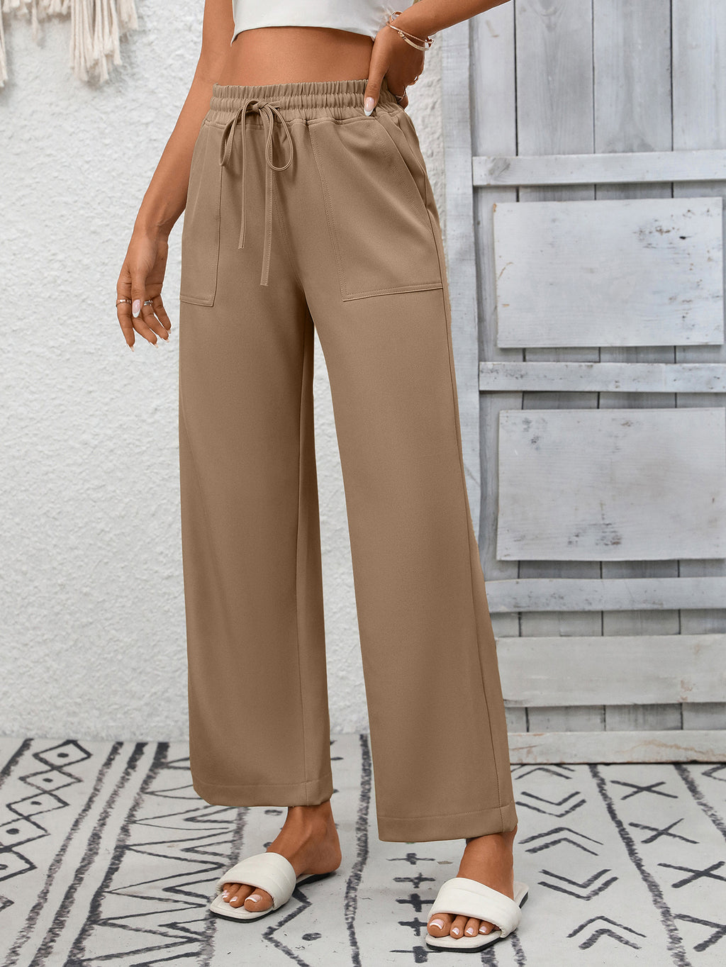High Waist Patch Pocket Wide Leg Pants - Khaki