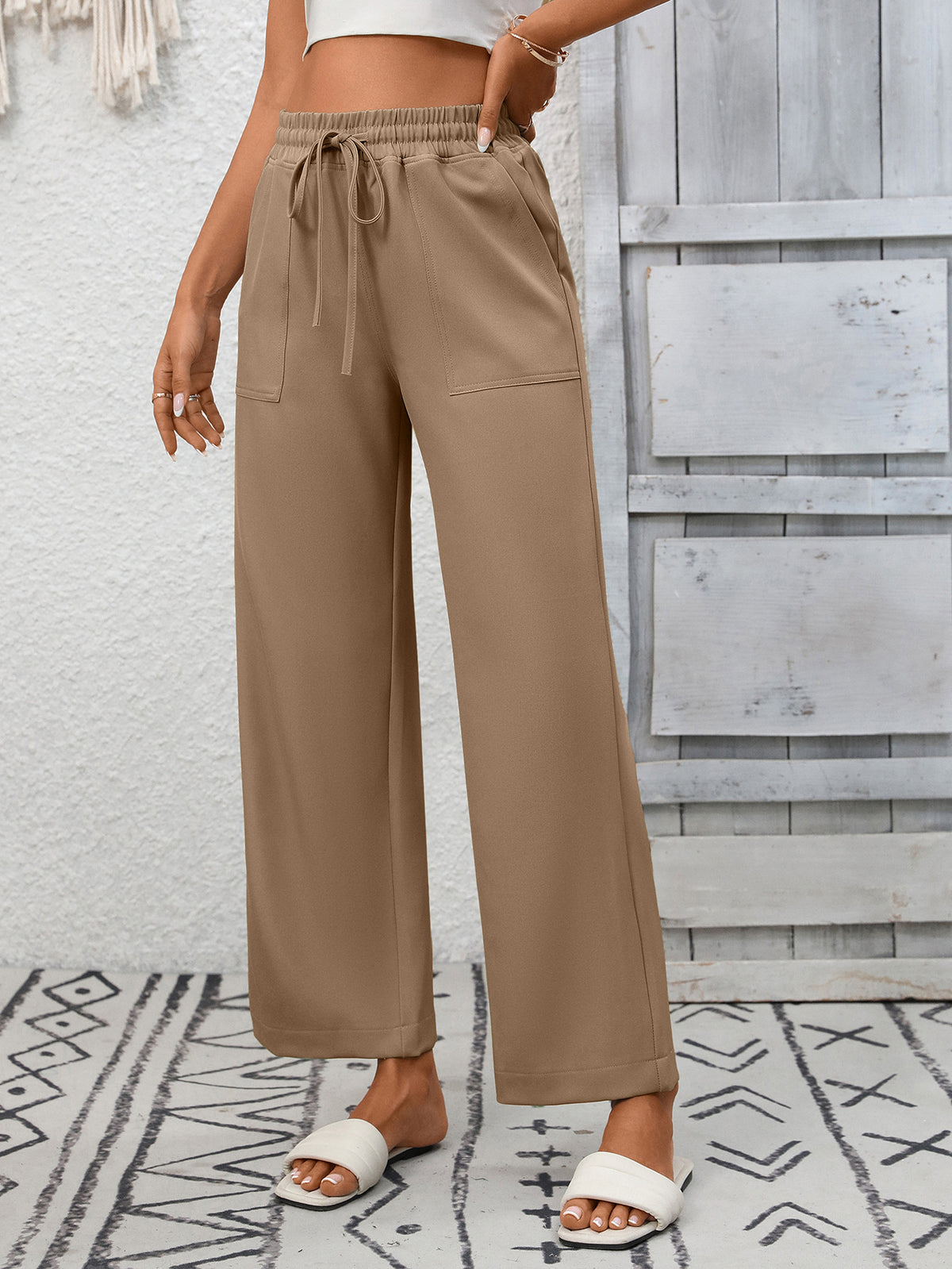 High Waist Patch Pocket Wide Leg Pants - Khaki