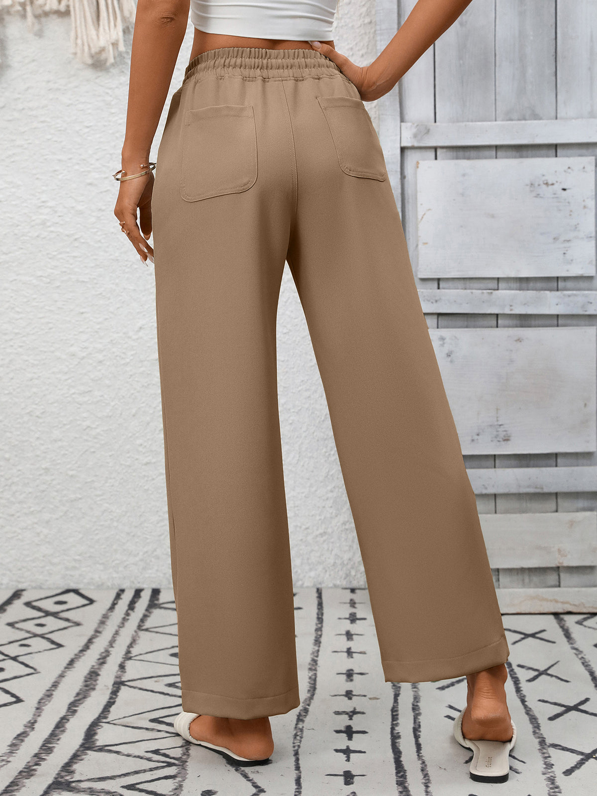High Waist Patch Pocket Wide Leg Pants - Khaki - 1