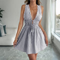 Lace Up Front Striped Mini Sundress - Navy