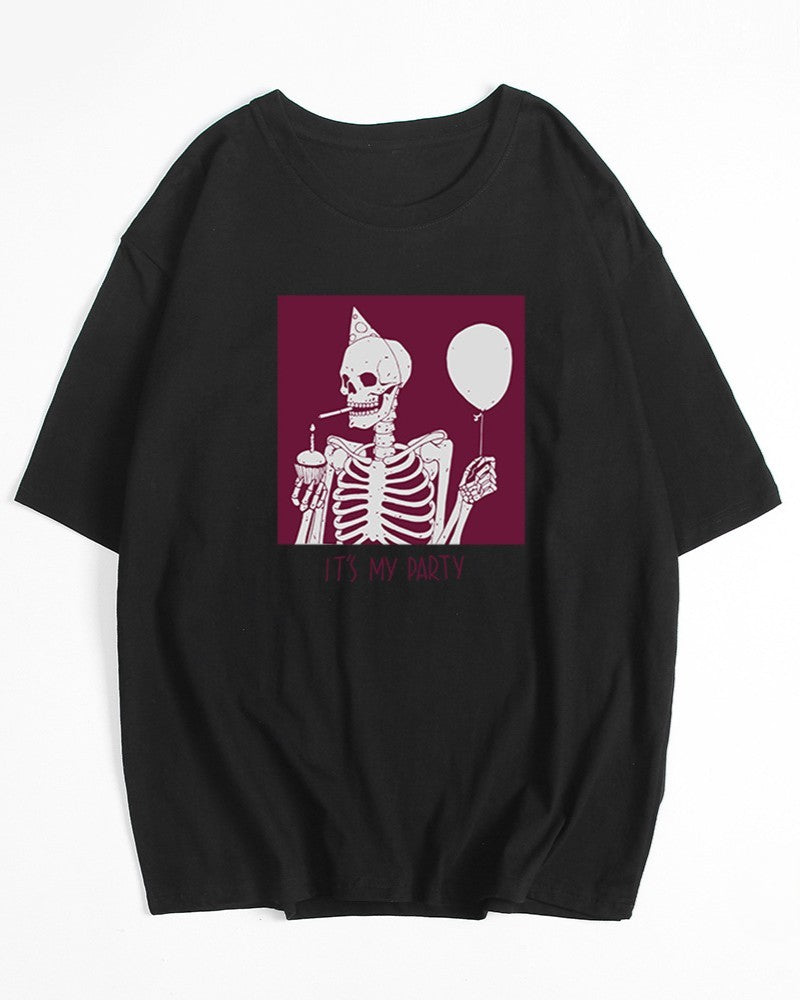 Skeleton Graphic Oversized Cotton Tee - Black - 1