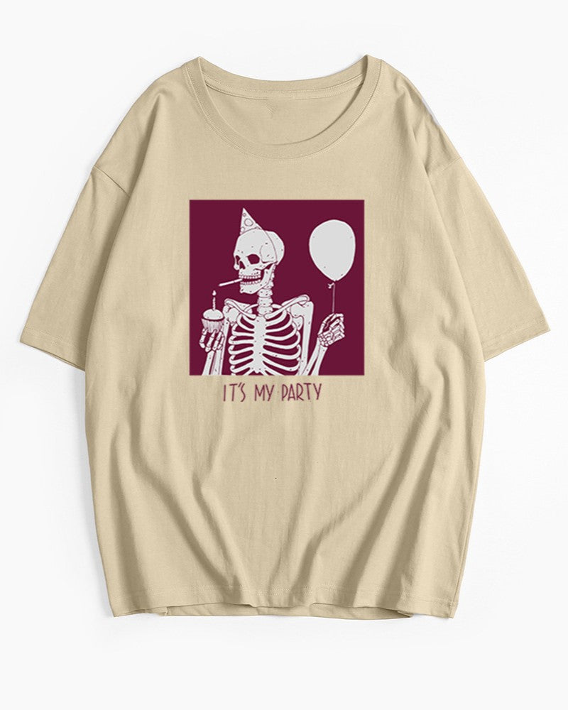 Skeleton Graphic Oversized Cotton Tee - Khaki