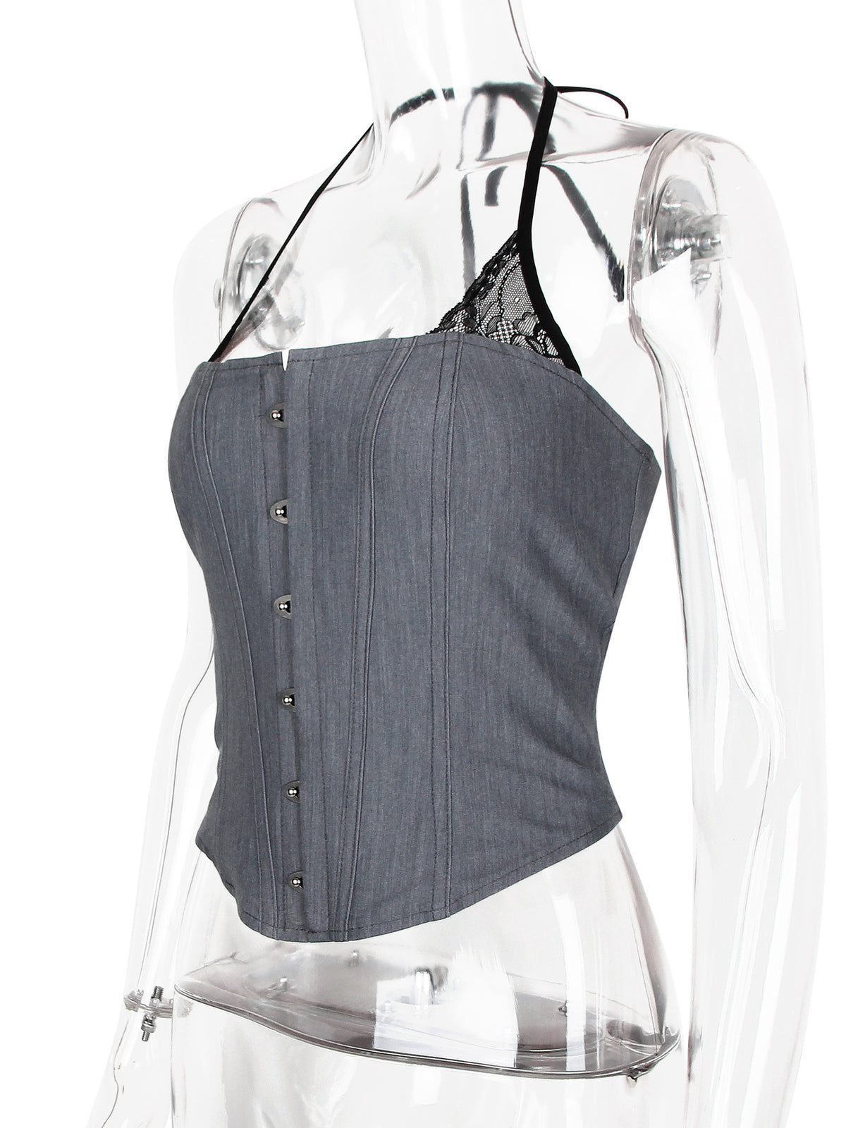 Halter Neck Denim Corset Bustier Top - Grey