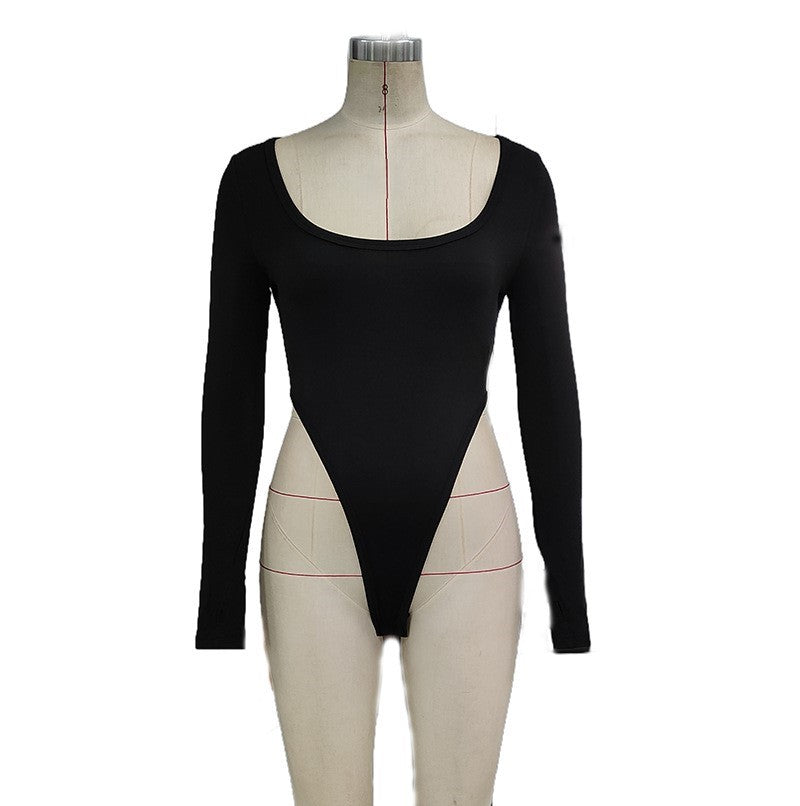 Square Neck Long Sleeve Fitted Bodysuit - Black