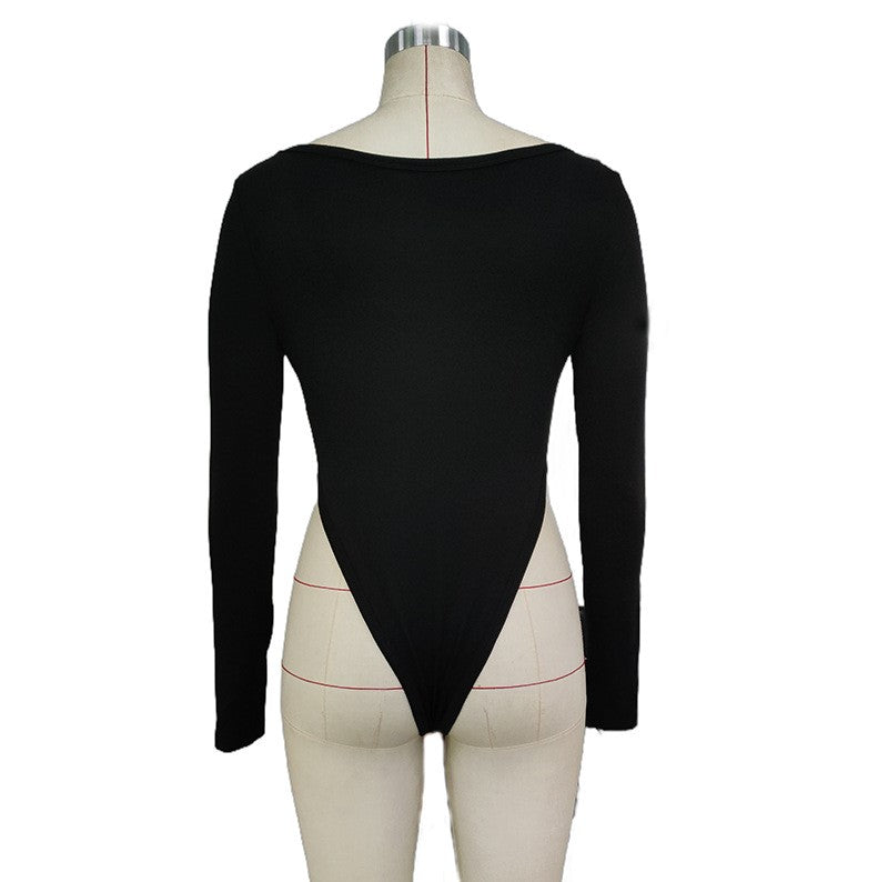 Square Neck Long Sleeve Fitted Bodysuit - Black - 1