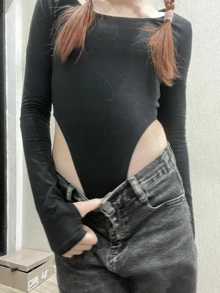 Square Neck Long Sleeve Fitted Bodysuit - Black - 2