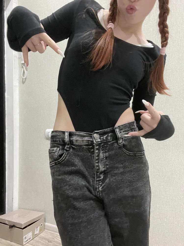 Square Neck Long Sleeve Fitted Bodysuit - Black - 3
