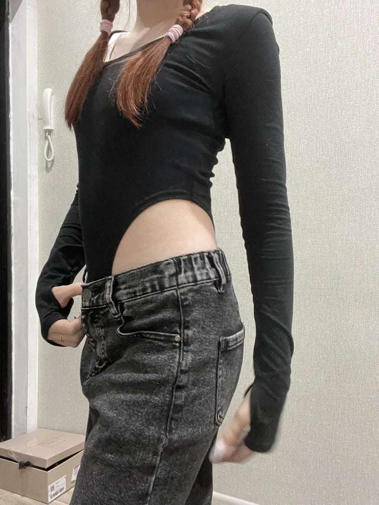 Square Neck Long Sleeve Fitted Bodysuit - Black - 4