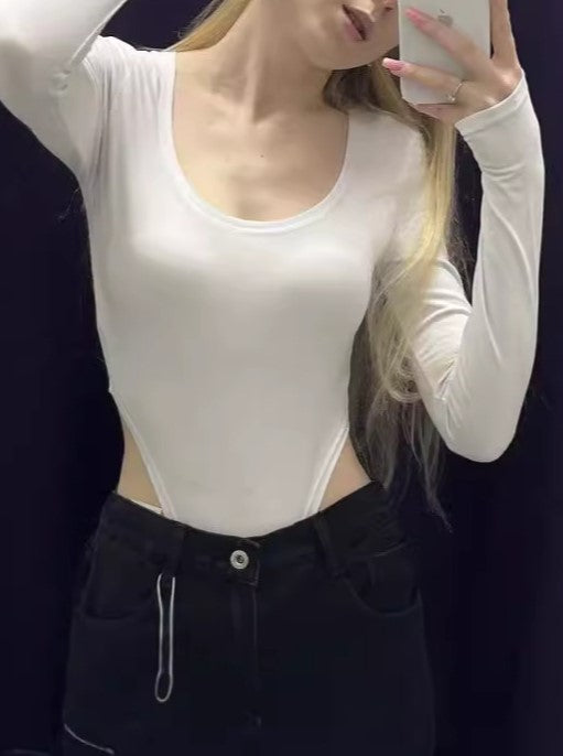 Square Neck Long Sleeve Fitted Bodysuit - White - 1
