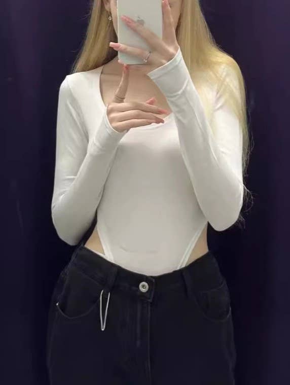 Square Neck Long Sleeve Fitted Bodysuit