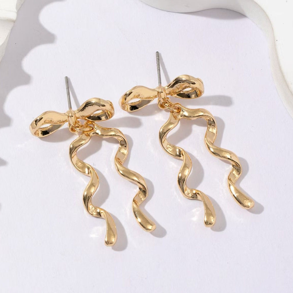 Ribbon Bow Wavy Tail Drop Earrings - Gold