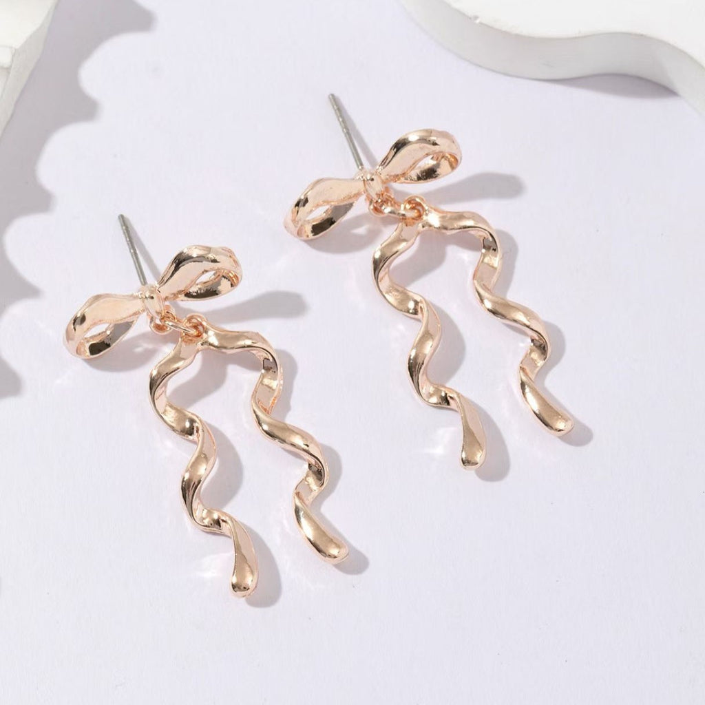 Ribbon Bow Wavy Tail Drop Earrings - RoseGold