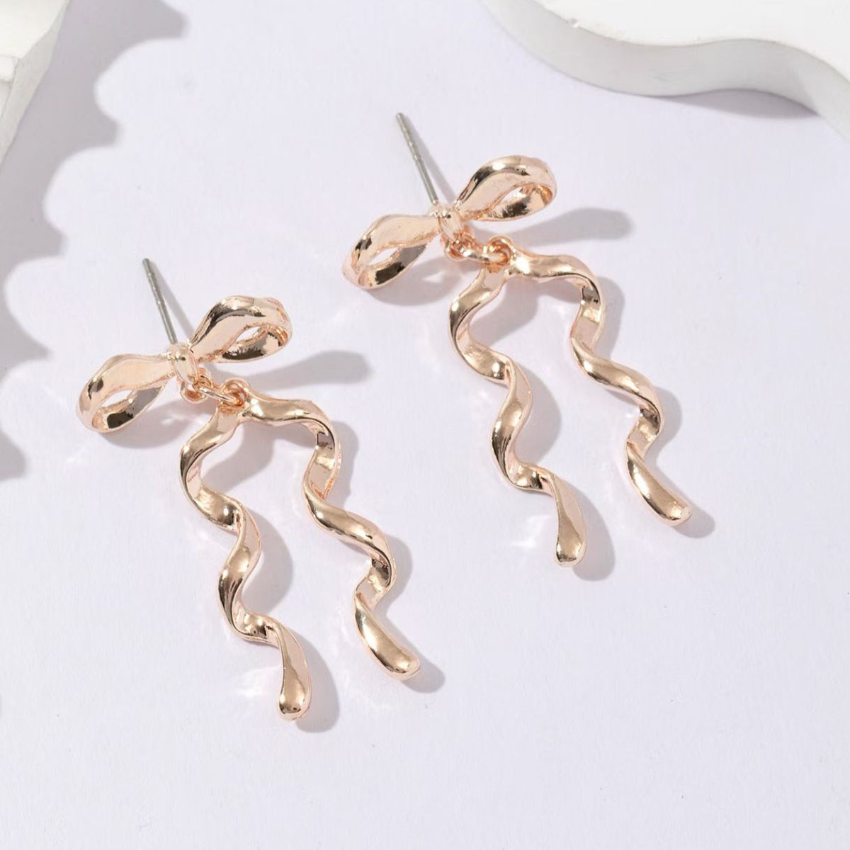 Ribbon Bow Wavy Tail Drop Earrings - RoseGold