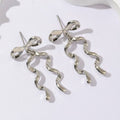 Ribbon Bow Wavy Tail Drop Earrings - Silver