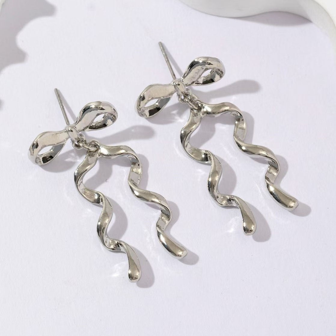 Ribbon Bow Wavy Tail Drop Earrings - Silver