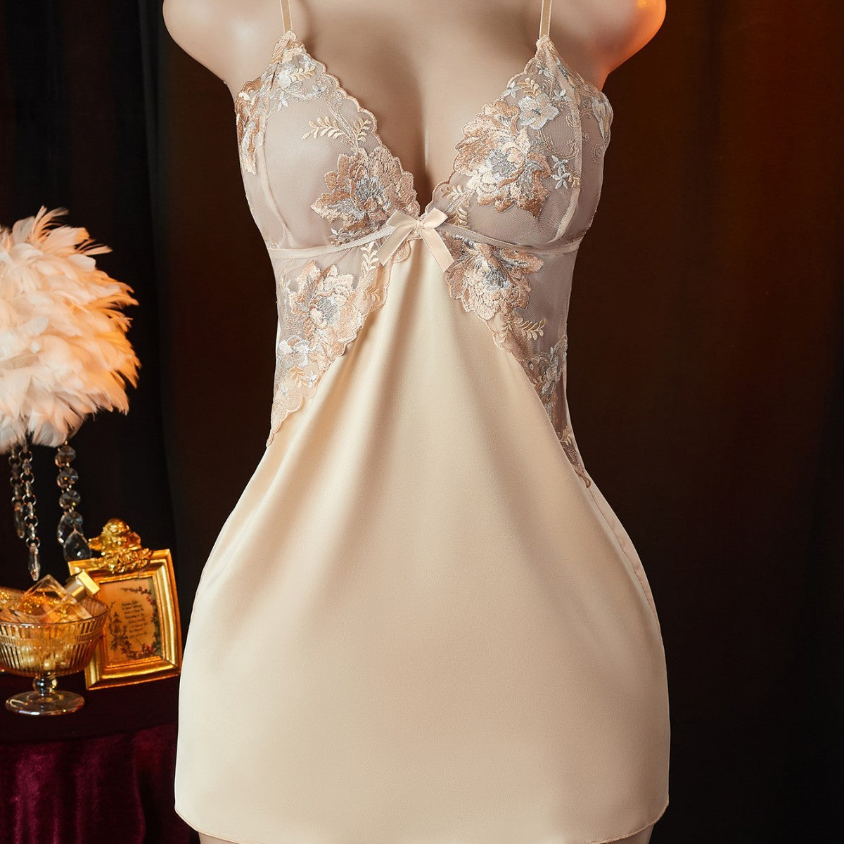 Champagne Embroidered Lace Satin Bow Mini Slip