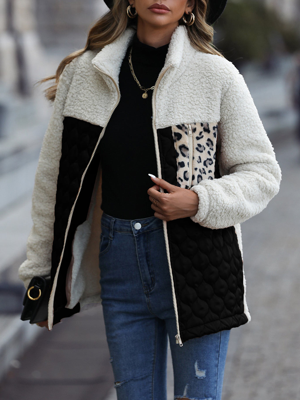 Sherpa Paneled Quilted Zip Jacket - Black