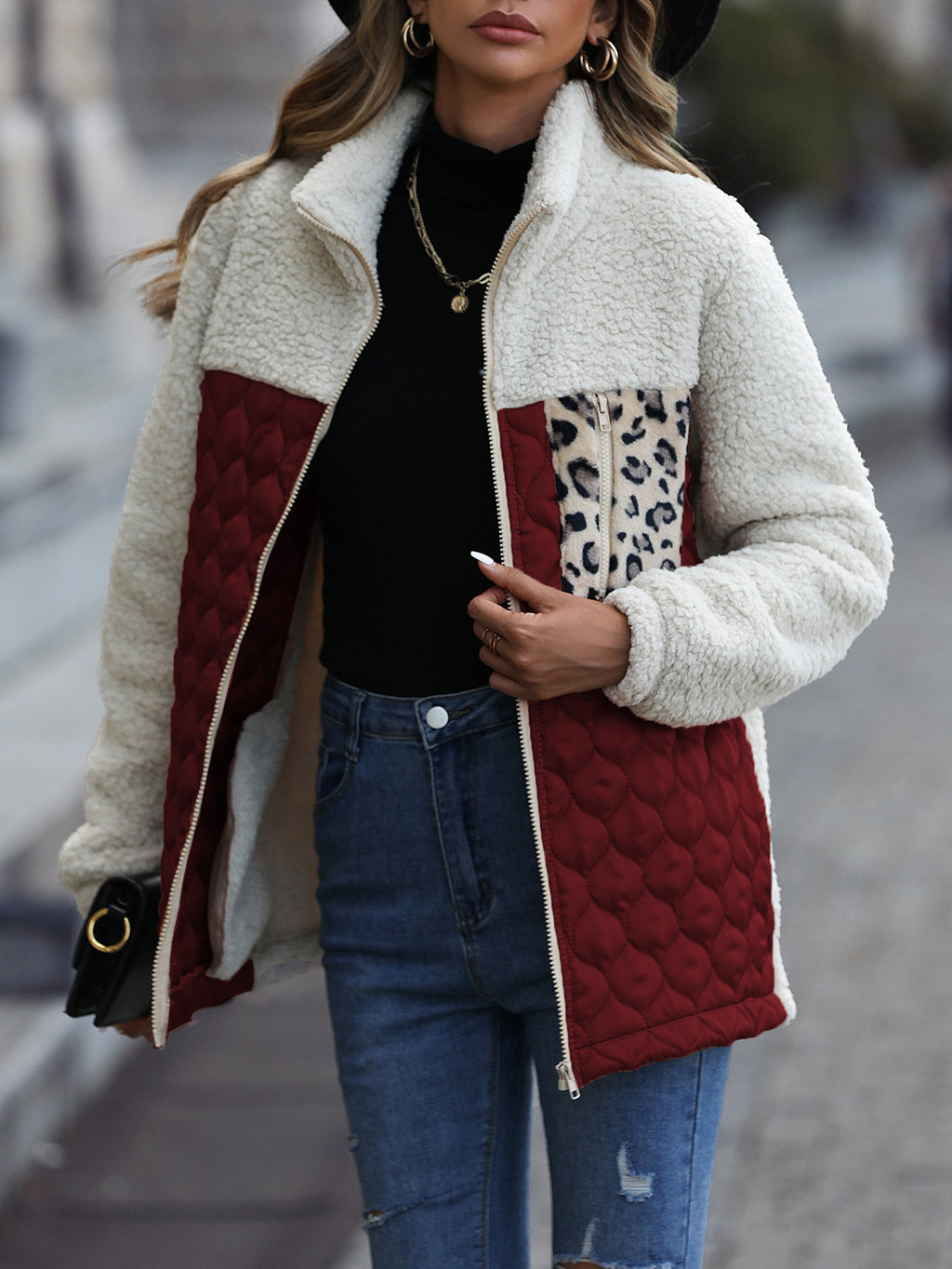 Sherpa Paneled Quilted Zip Jacket - Burgundy