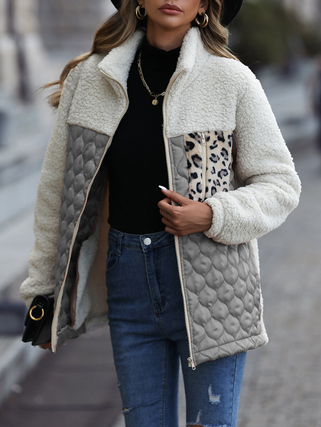 Sherpa Paneled Quilted Zip Jacket - Grey