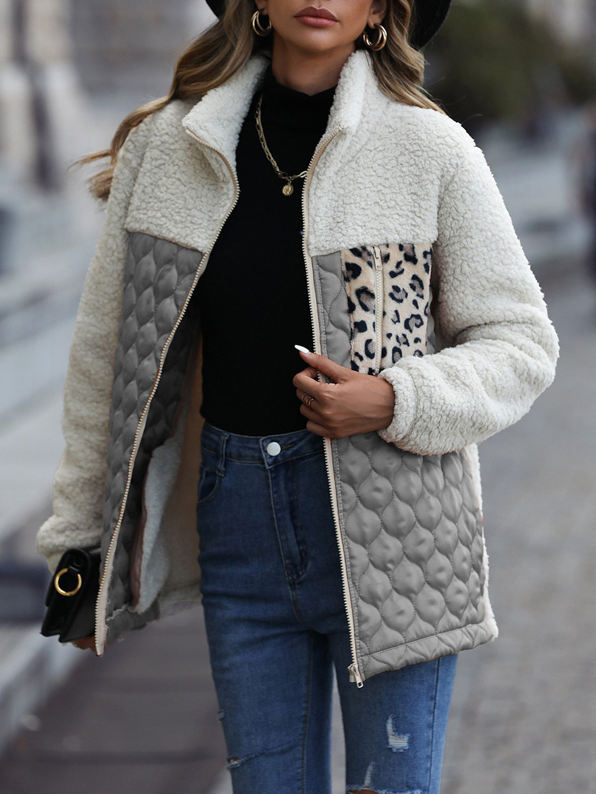 Sherpa Paneled Quilted Zip Jacket - Grey