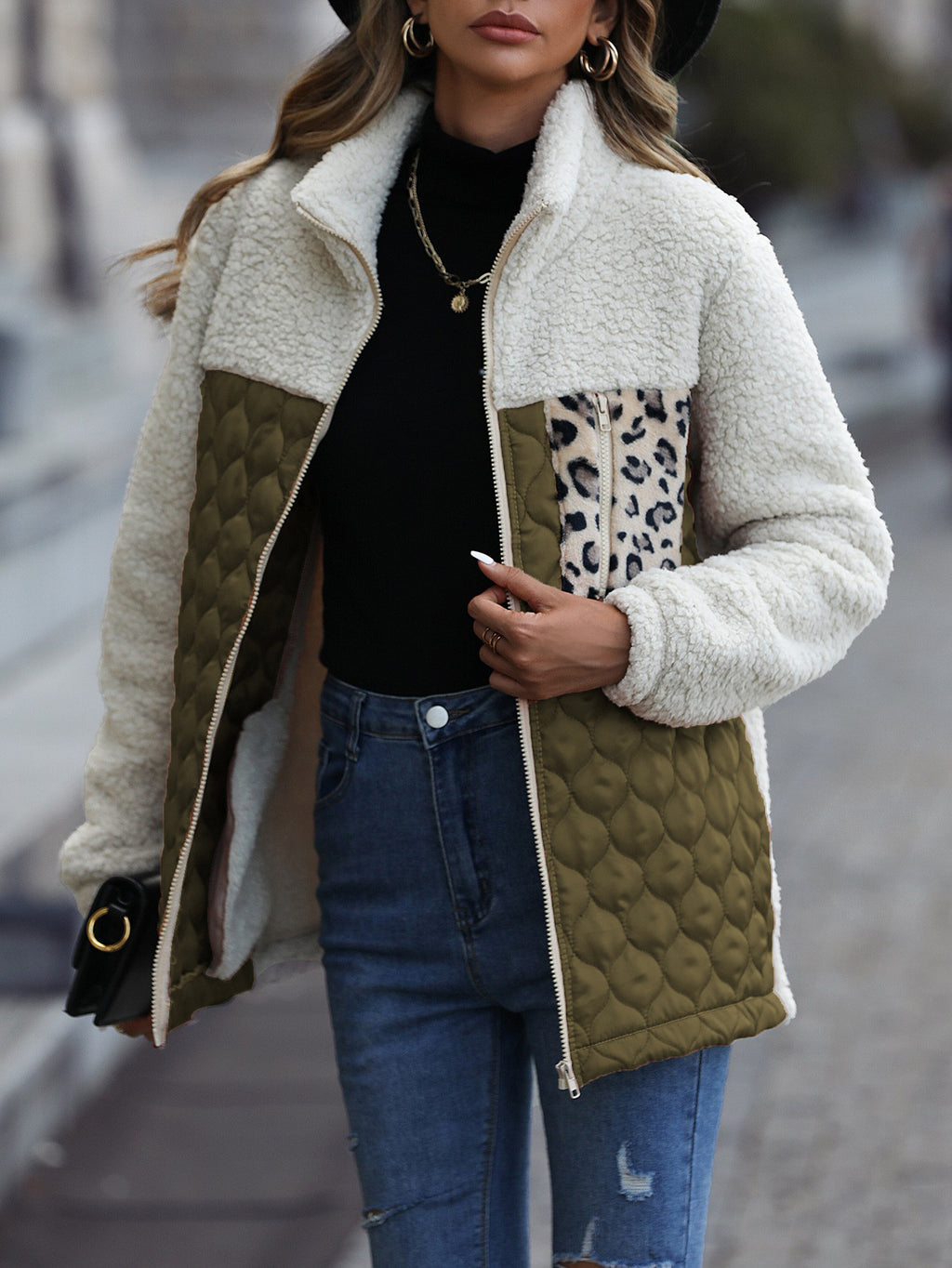 Sherpa Paneled Quilted Zip Jacket - Olive