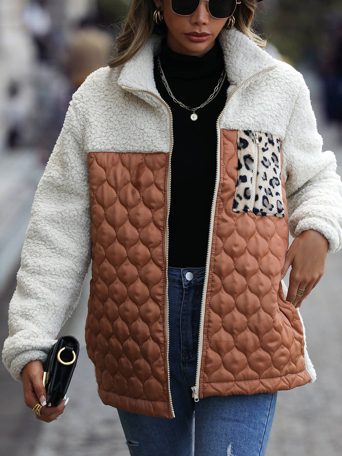 Sherpa Paneled Quilted Zip Jacket