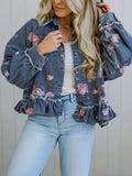 Rose Bloom Denim Jacket With Peplum Ruffle - Blue