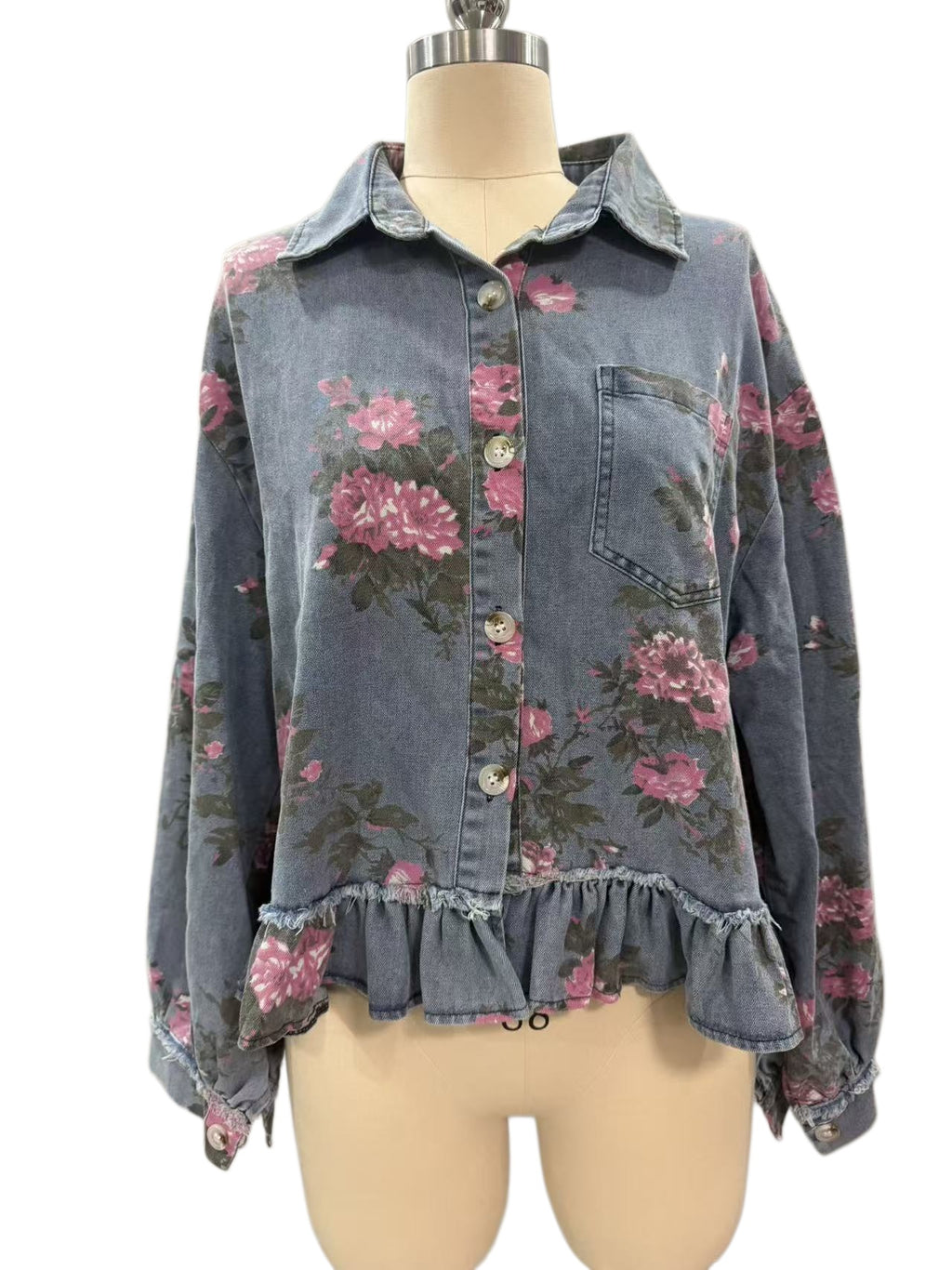 Rose Bloom Denim Jacket With Peplum Ruffle - Blue - 1