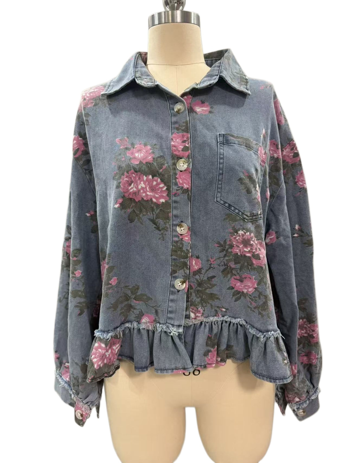 Rose Bloom Denim Jacket With Peplum Ruffle - Blue - 1