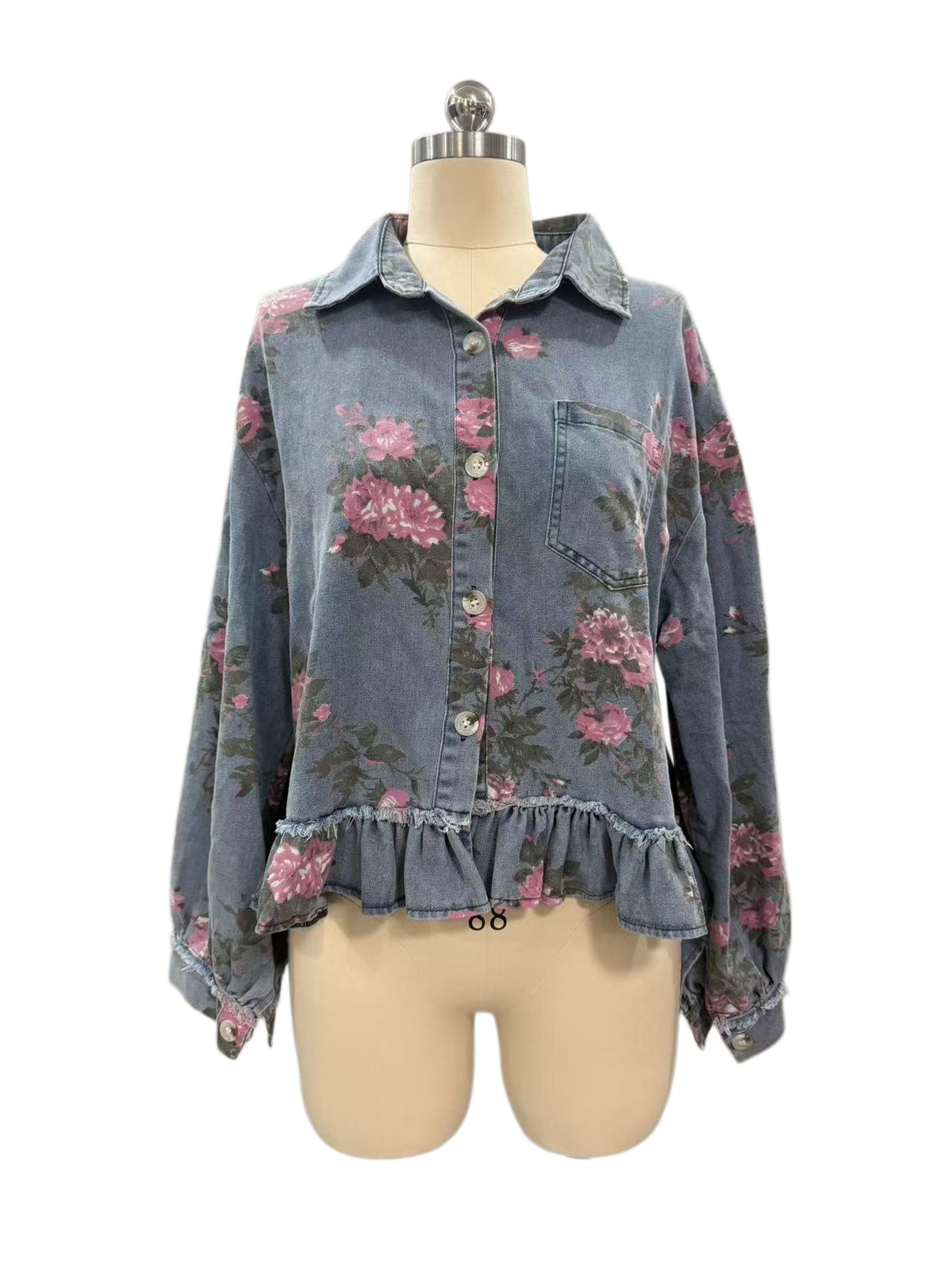 Rose Bloom Denim Jacket With Peplum Ruffle - Blue - 2