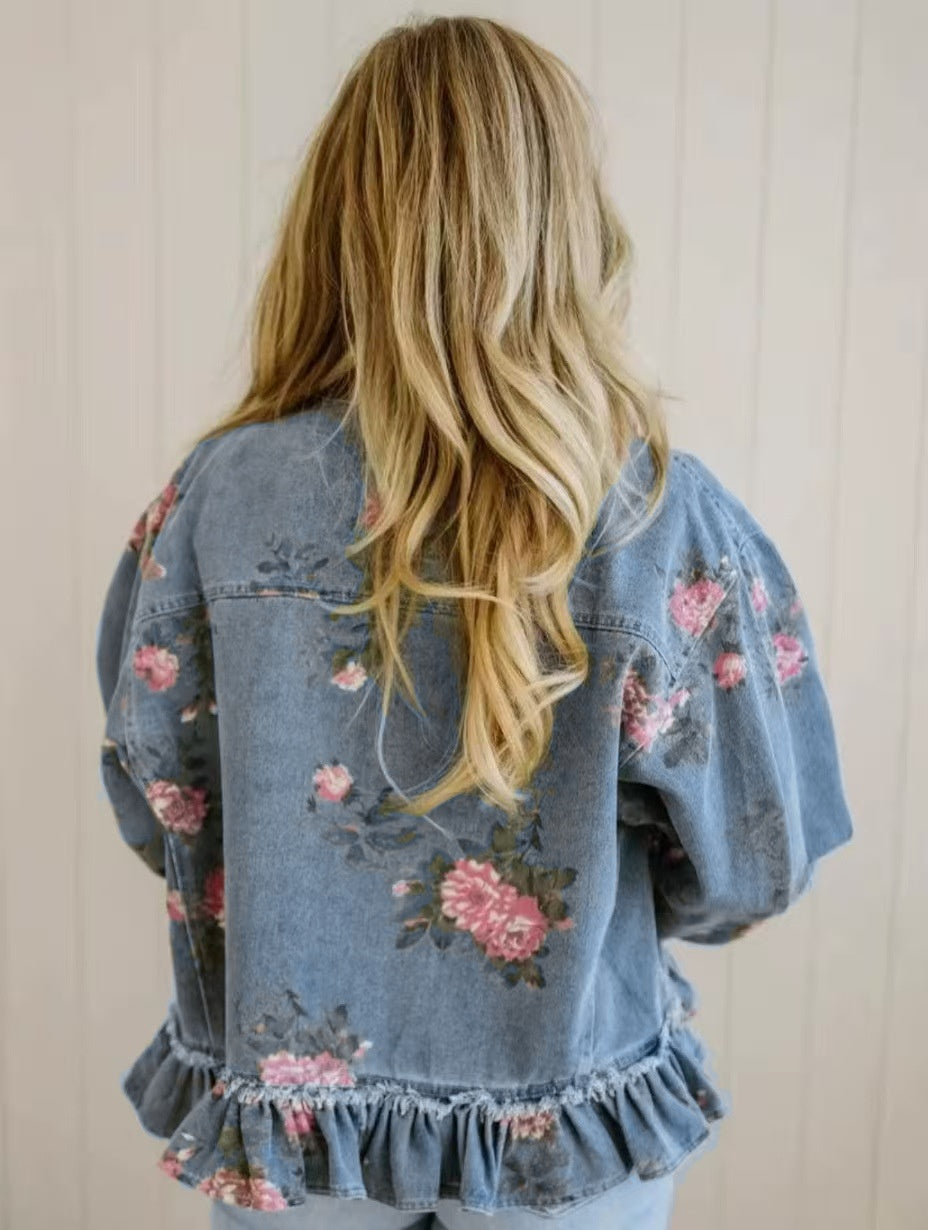 Rose Bloom Denim Jacket With Peplum Ruffle - Blue - 3