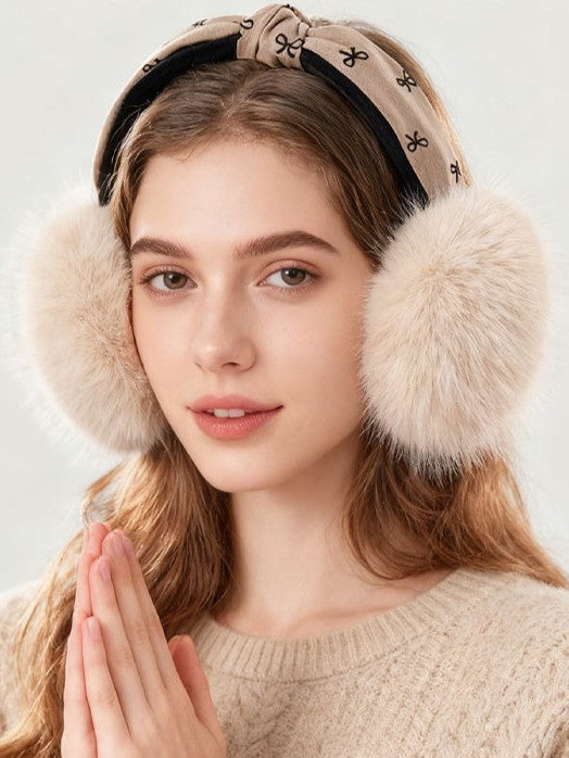 Bow Top Fluffy Fur Winter Earmuffs - Beige