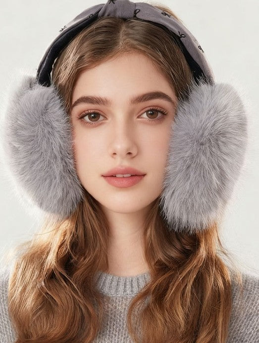 Bow Top Fluffy Fur Winter Earmuffs - Grey