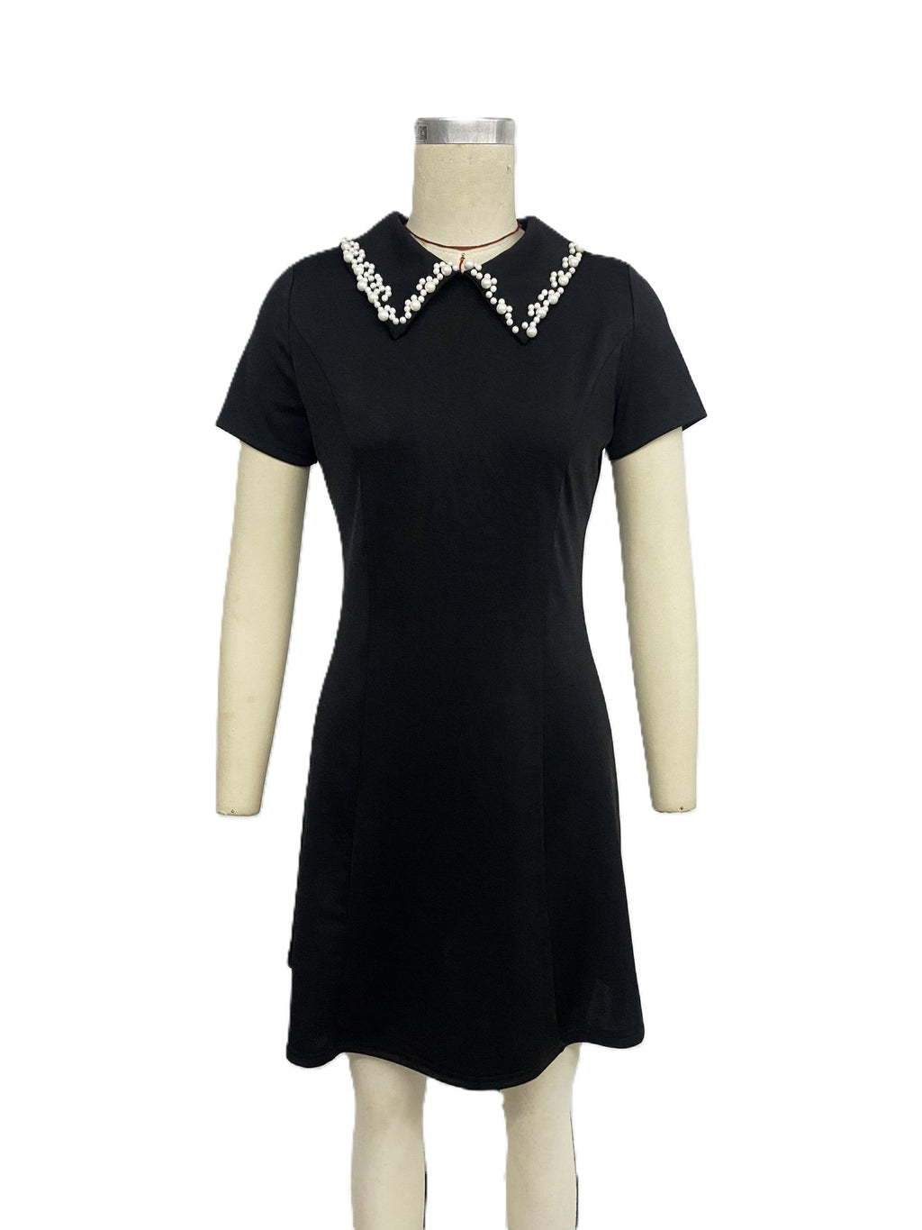 Pearl Trim Collar A Line Mini Dress - Black - 1