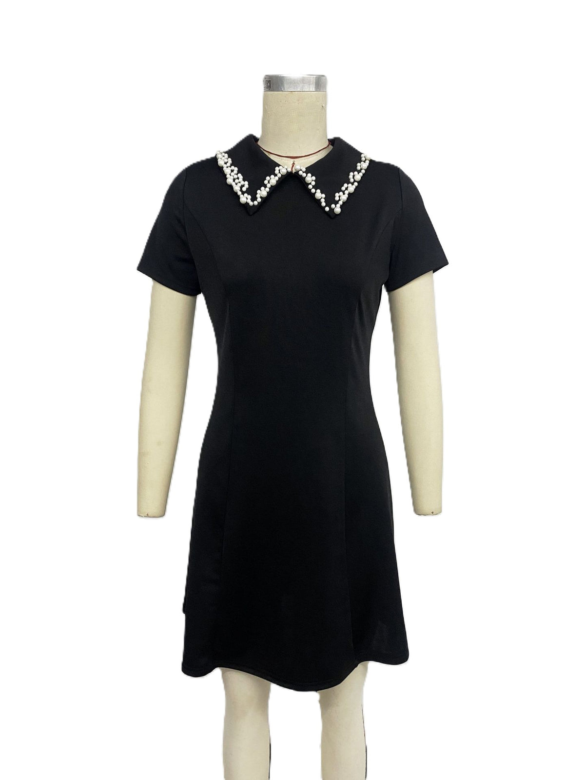 Pearl Trim Collar A Line Mini Dress - Black - 1