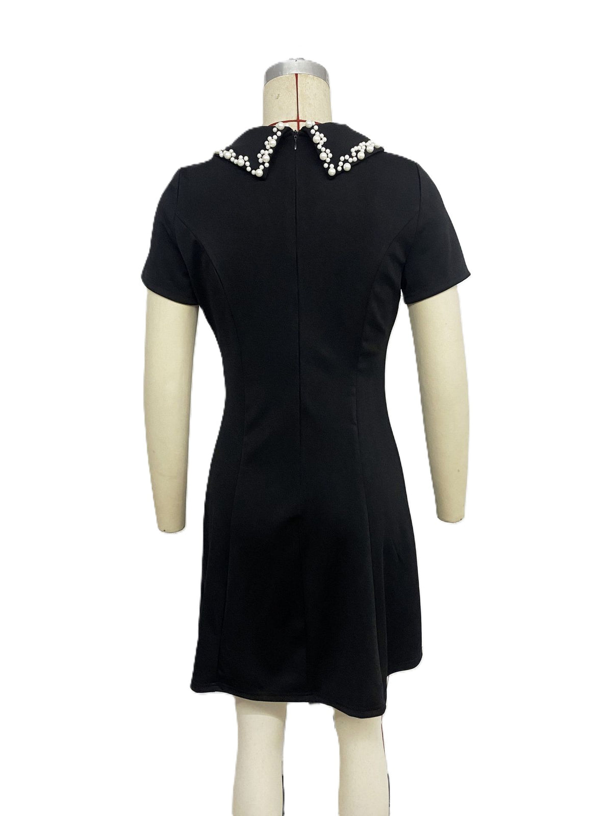Pearl Trim Collar A Line Mini Dress - Black - 2