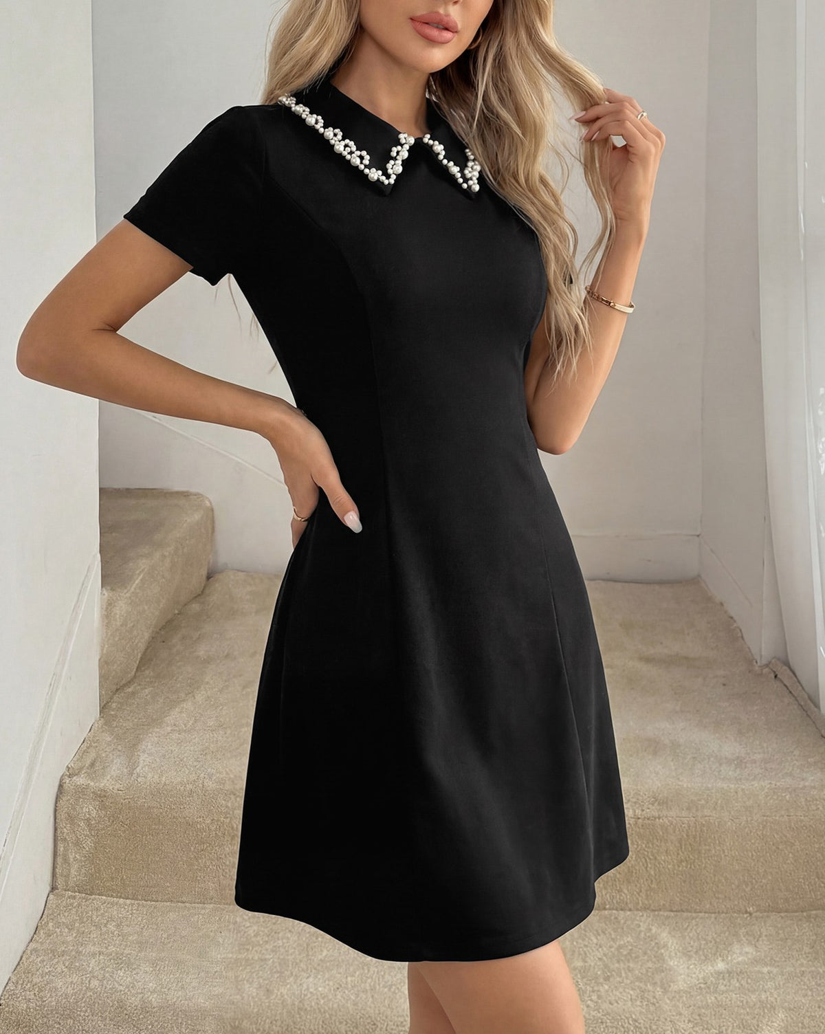 Pearl Trim Collar A Line Mini Dress - Black - 3