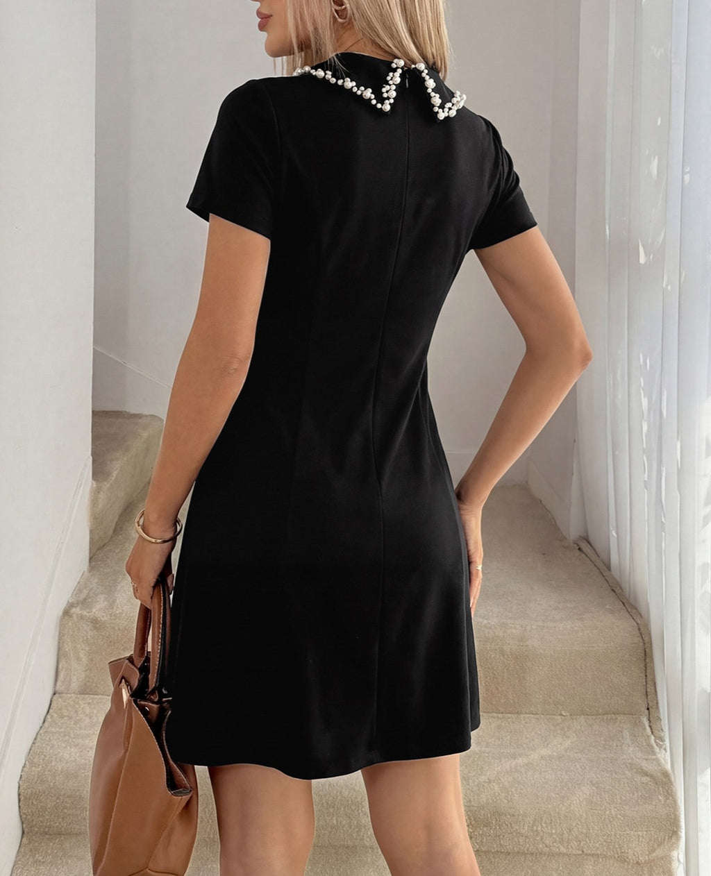 Pearl Trim Collar A Line Mini Dress - Black - 5