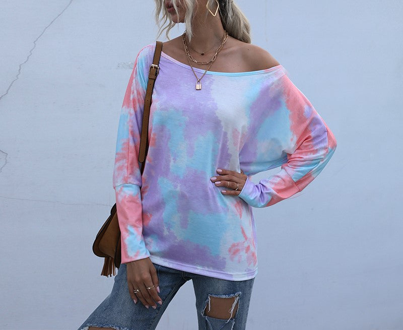 Tie Dye Off Shoulder Dolman Tunic Top - Orange