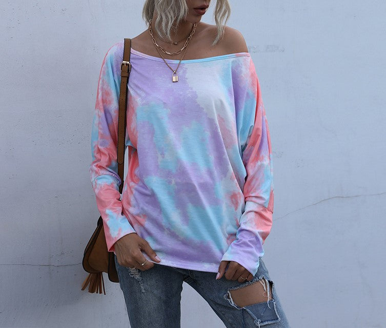 Tie Dye Off Shoulder Dolman Tunic Top - Orange - 1