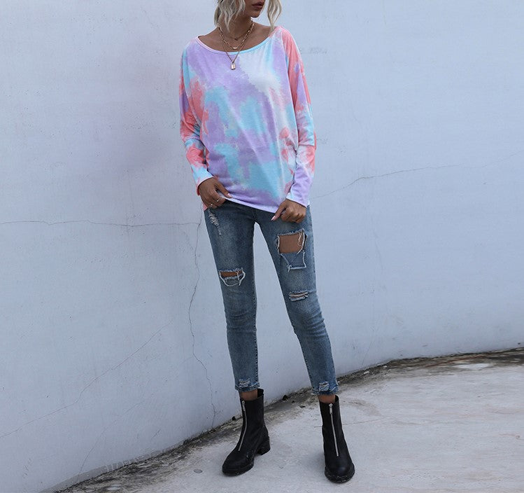 Tie Dye Off Shoulder Dolman Tunic Top - Orange - 3